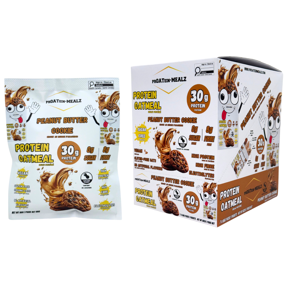 Proatein mealz protein oatmeal packaging with a box and a single package on a white background