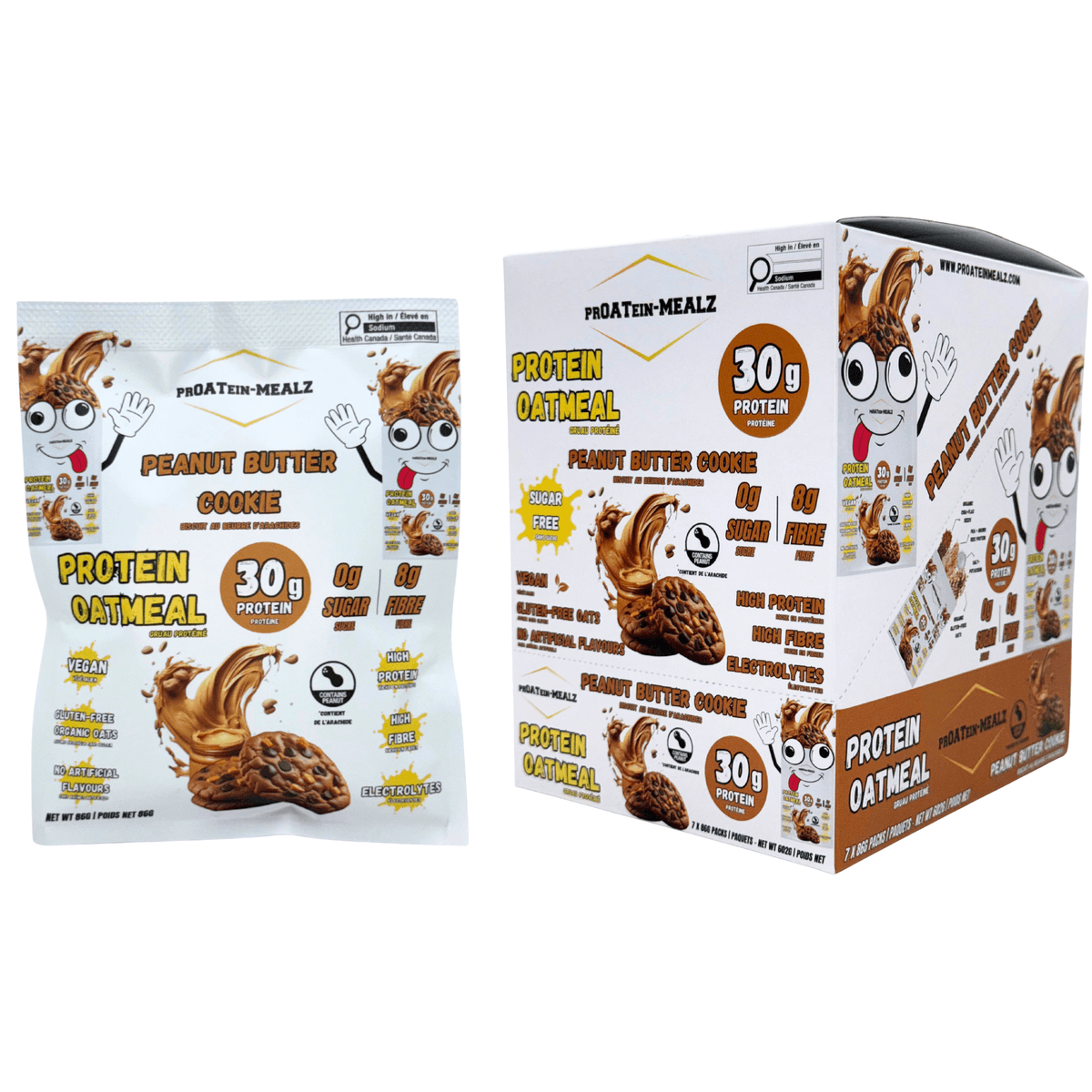 Proatein mealz protein oatmeal packaging with cartoon characters on a white background