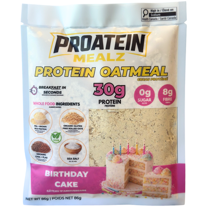 Proatein Mealz Protein Oatmeal in a resealable stand-up pouch, featuring a 'Birthday Cake' flavor. The packaging is white with yellow, pink, and black text, and includes a clear window showing the beige protein oatmeal inside.