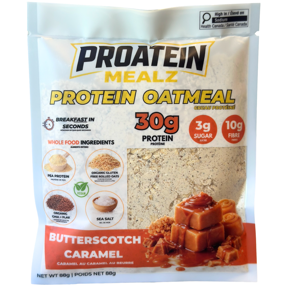 Proatein Mealz Protein Oatmeal Butterscotch Caramel powder in a 80g stand-up pouch. The packaging features a white background with yellow and black branding, a clear window showing the beige oatmeal powder inside, and an illustration of caramel-coated oats on the bottom right.