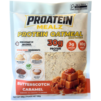 Proatein Mealz Protein Oatmeal Butterscotch Caramel powder in a 80g stand-up pouch. The packaging features a white background with yellow and black branding, a clear window showing the beige oatmeal powder inside, and an illustration of caramel-coated oats on the bottom right.