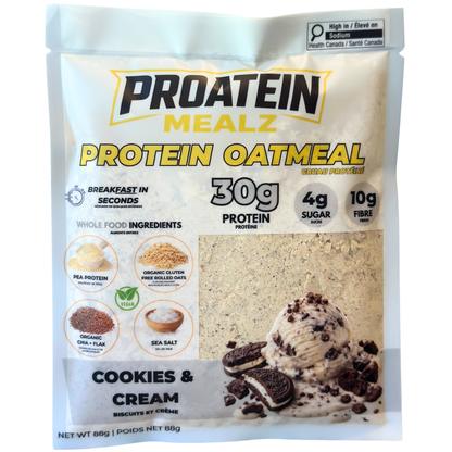 Proatein Mealz Protein Oatmeal Cookies & Cream flavor in an 88g stand-up pouch, featuring a white background with yellow and black text and a cookie-and-cream scoop graphic on the lower right.
