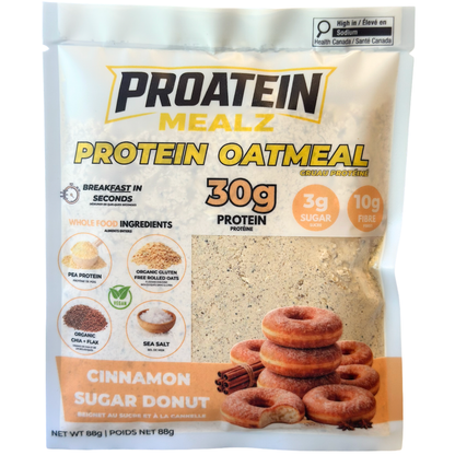 Proatein Mealz Protein Oatmeal Cinnamon Sugar Donut flavor in a 88g stand-up pouch. The packaging features a white background with yellow and black text, nutritional callouts, and an image of cinnamon sugar donuts on the bottom right.