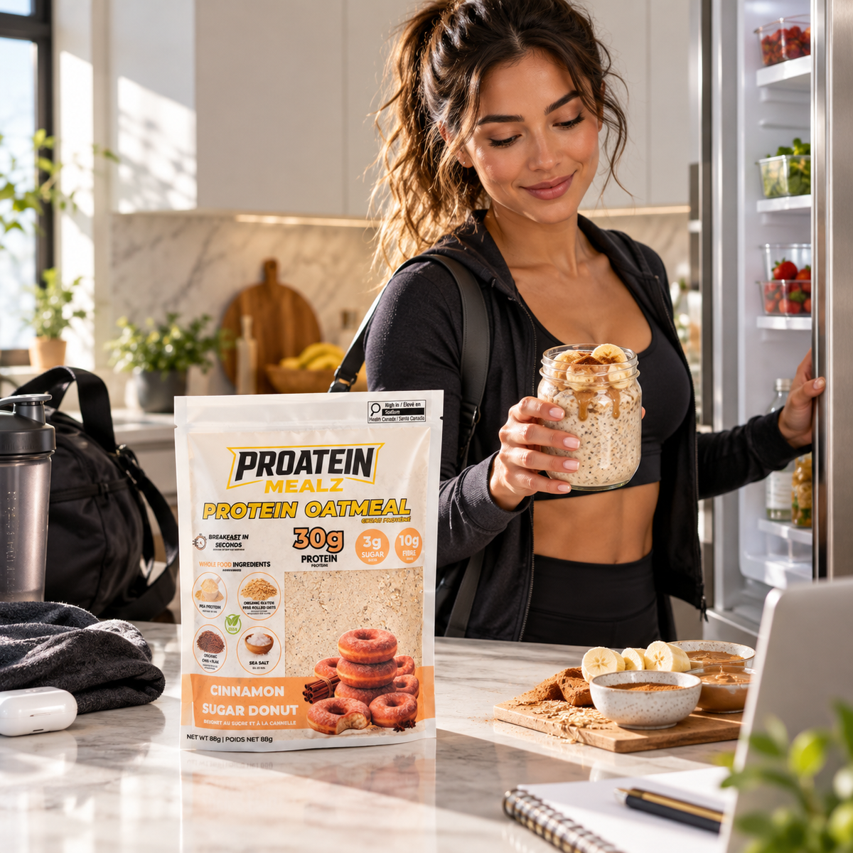 A woman in a kitchen holds a protein overnight oats in a clear jar while standing by an open refrigerator. In the foreground, a bag of Proatein Mealz Protein Oatmeal Cinnamon Sugar Donut flavor is displayed on a kitchen counter.