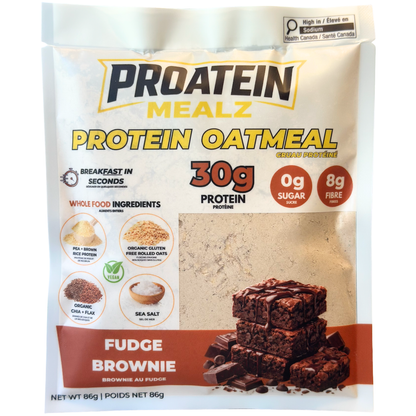 Proatein Mealz Protein Oatmeal Fudge Brownie in an 86g stand-up pouch. The packaging features a white background with a prominent brown and yellow logo, nutritional callouts, and an image of chocolate brownie squares on the bottom right.