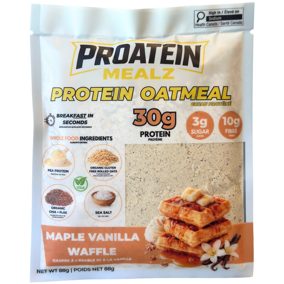 Proatein Mealz Protein Oatmeal Maple Vanilla Waffle powder in a 88g stand-up pouch, featuring a white and orange design with product imagery and nutritional highlights.