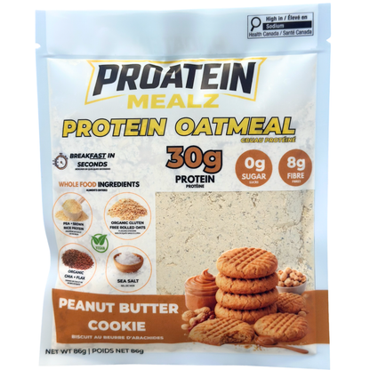 Proatein Mealz Protein Oatmeal Peanut Butter Cookie flavor, 86g pouch. The packaging features a white and light blue design with yellow and orange text, showing a photo of peanut butter cookies and peanuts on the front.