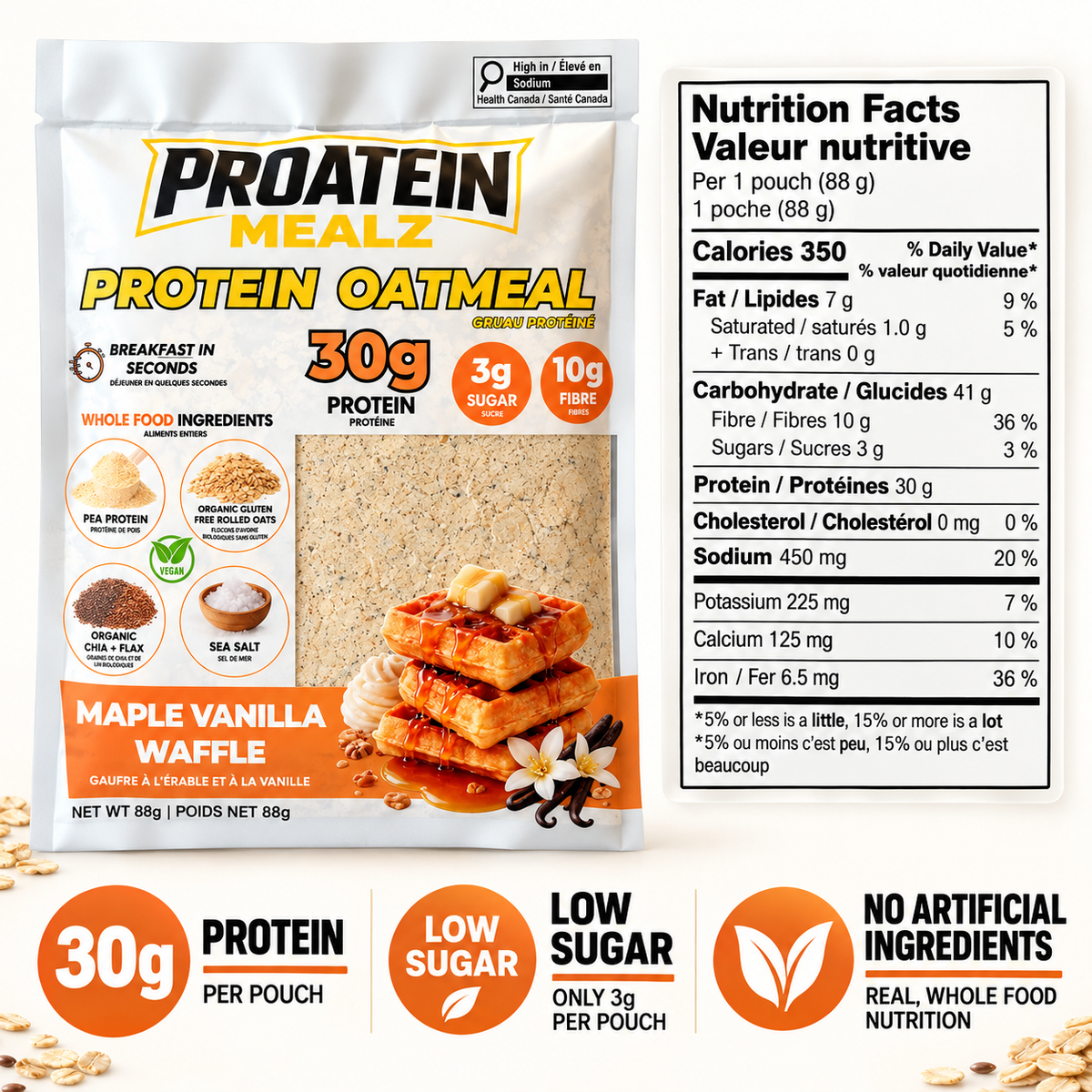 Proatein Mealz Maple Vanilla Waffle protein oatmeal 88g pouch beside Nutrition Facts label, highlighting 30g plant-based protein, 3g sugar, 10g fibre, and no artificial ingredients