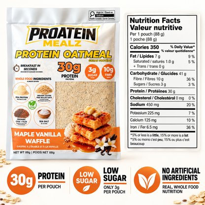 Proatein Mealz Protein Oatmeal Maple Vanilla Waffle pouch shown with a Nutrition Facts panel on a white background, plus three feature callouts for 30g protein, low sugar, and no artificial ingredients.