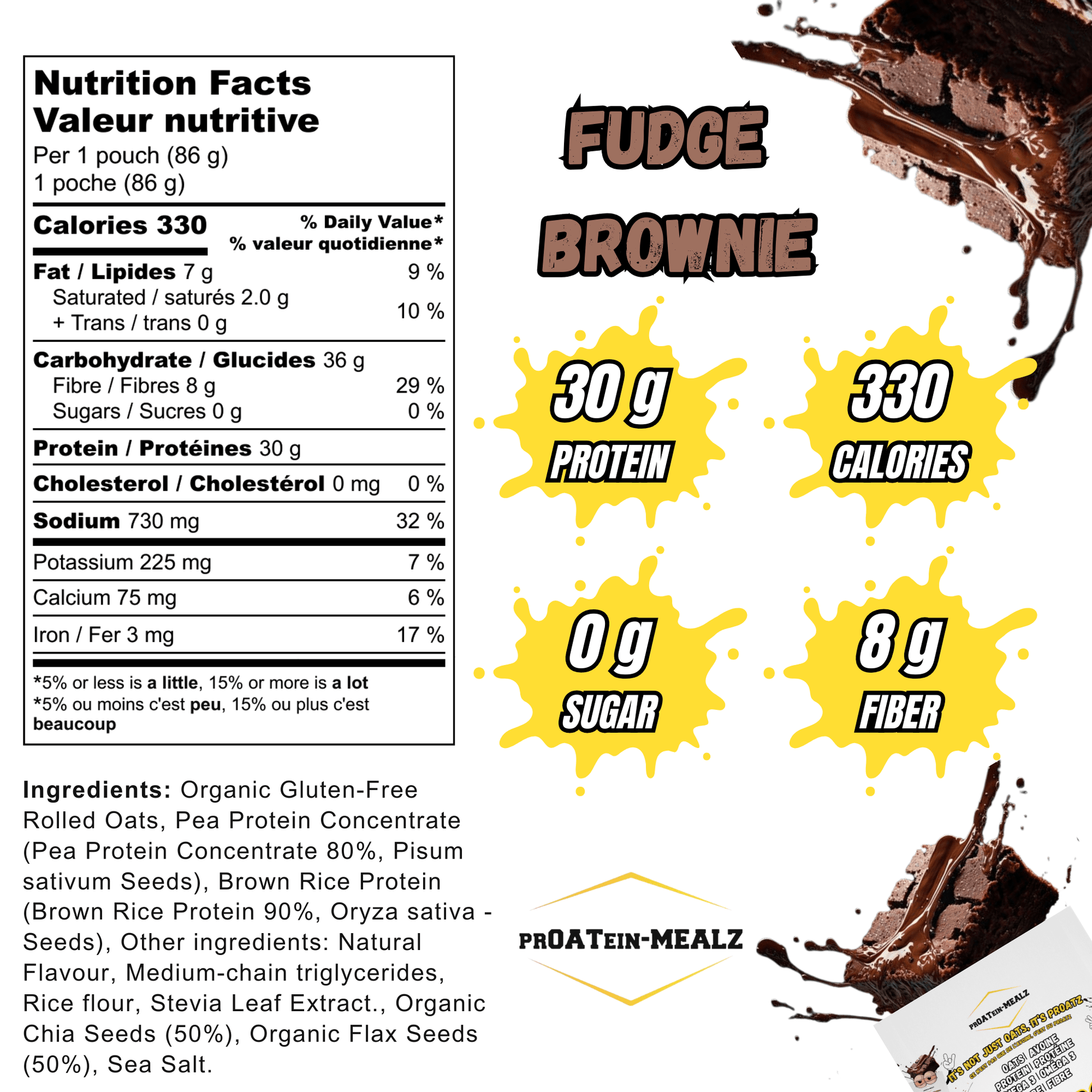Proatein Mealz Fudge Brownie High Protein Oatmeal pack with nutritional facts