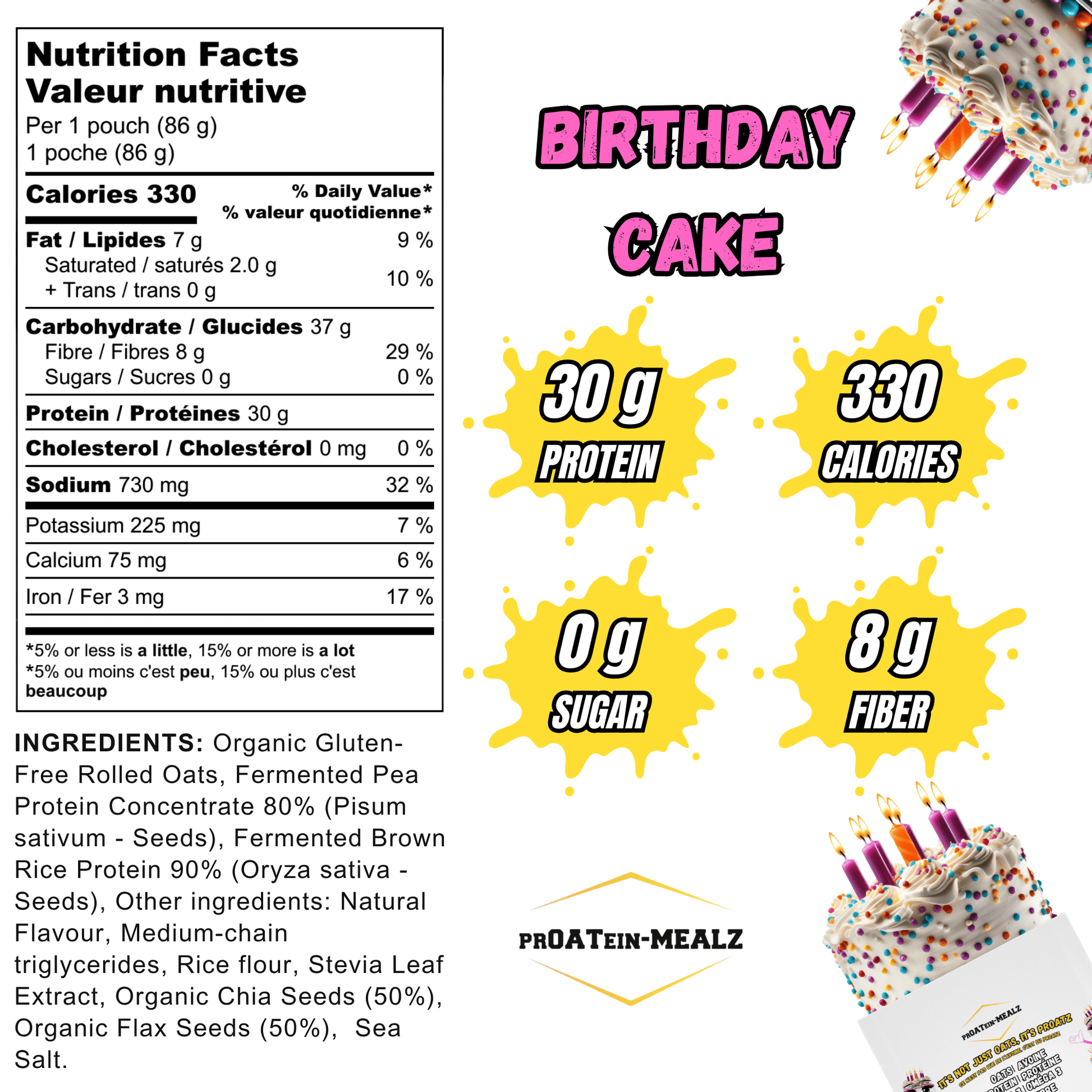 Proatein Mealz Birthday Cake High Protein Oatmeal pack with nutritional facts