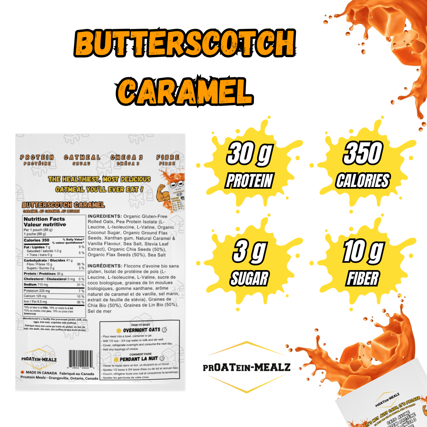 Proatein Mealz Butterscotch Caramel High Protein Oatmeal pack with nutritional facts