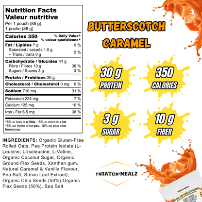 Proatein Mealz Butterscotch Caramel High Protein Oatmeal pack with nutritional facts