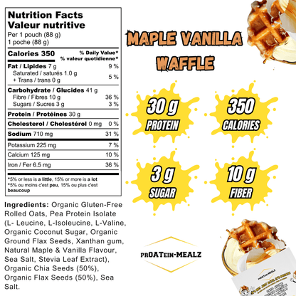 Proatein Mealz Maple Vanilla Waffle High Protein Oatmeal pack with nutritional facts