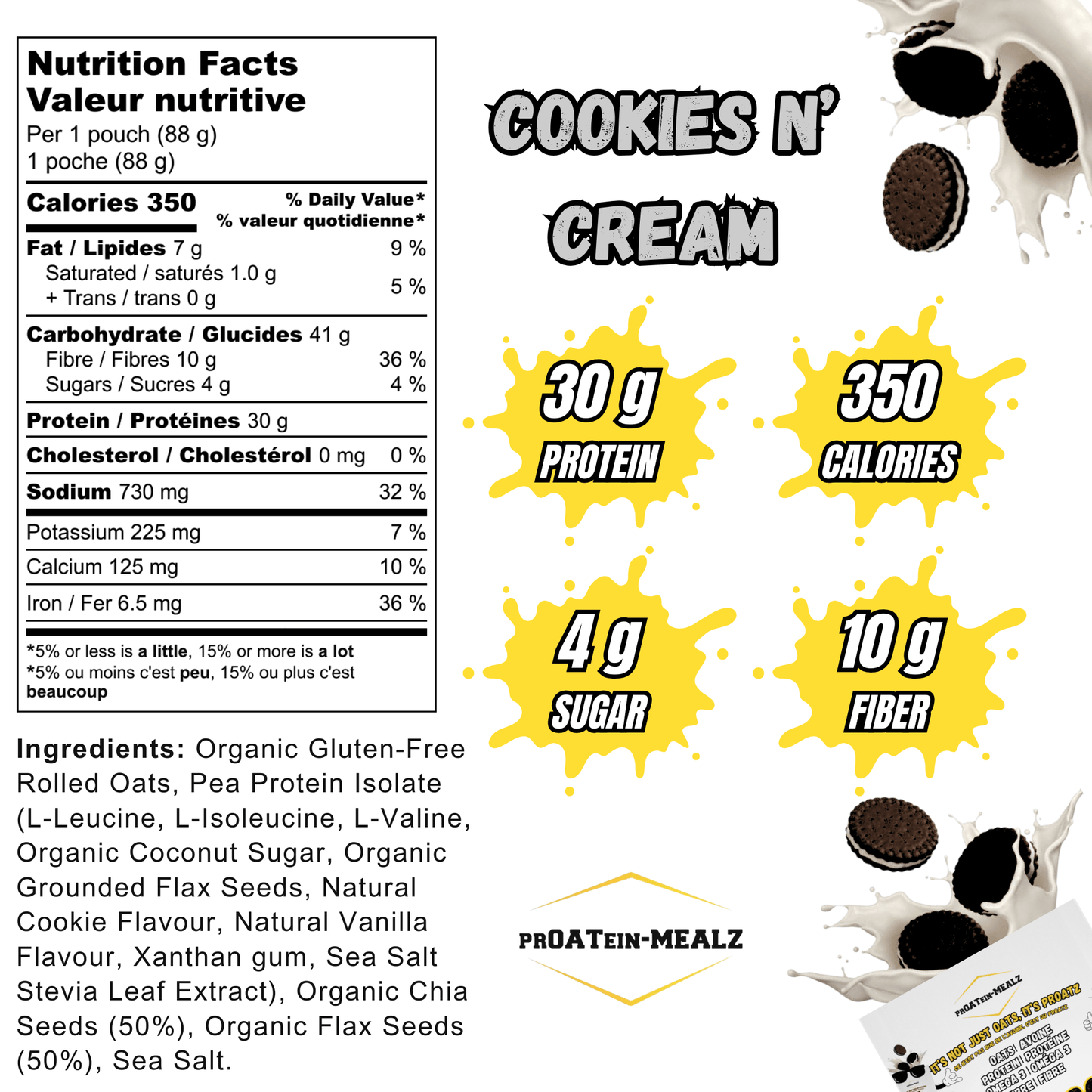 Proatein Mealz Cookies & Cream High Protein Oatmeal pack with nutritional facts