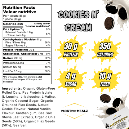 Proatein Mealz Cookies & Cream High Protein Oatmeal pack with nutritional facts